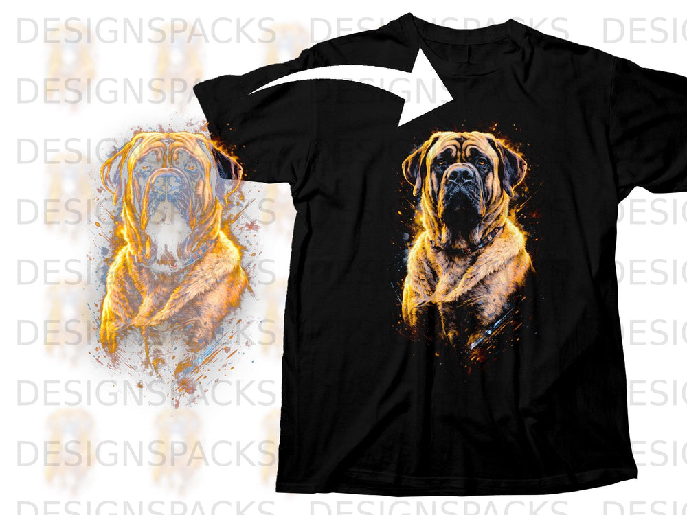 Black t-shirt featuring a vibrant graphic of a Mastiff dog with an artistic, paint-splatter effect.