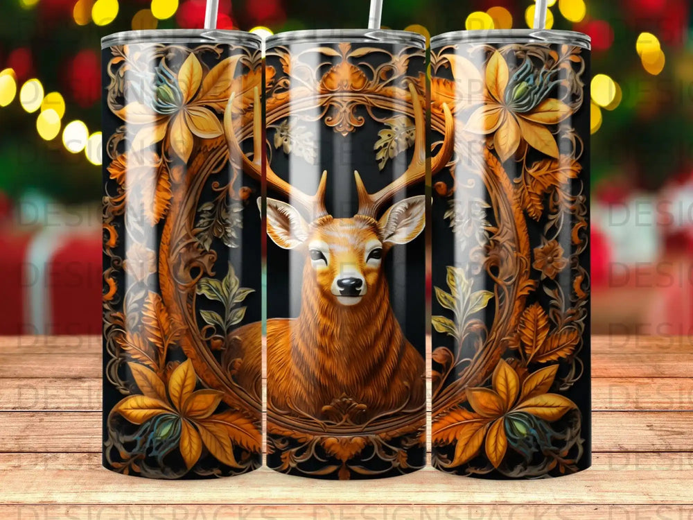 Deer head with ornate floral and leaf border.