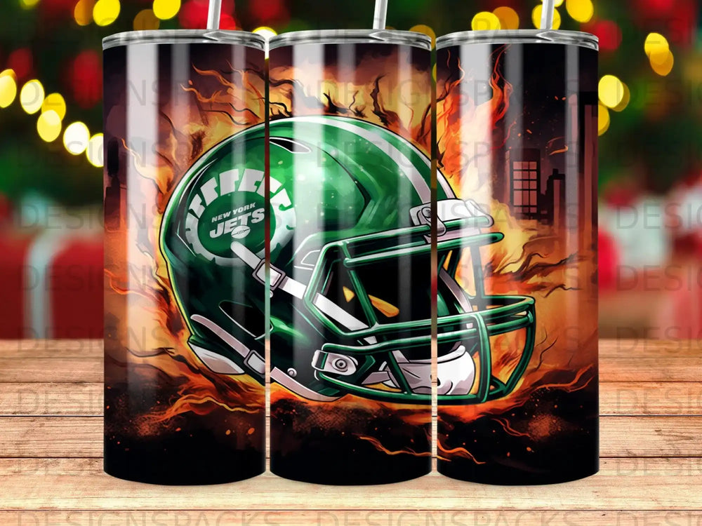 Green New York Jets football helmet with flames and city skyline background.