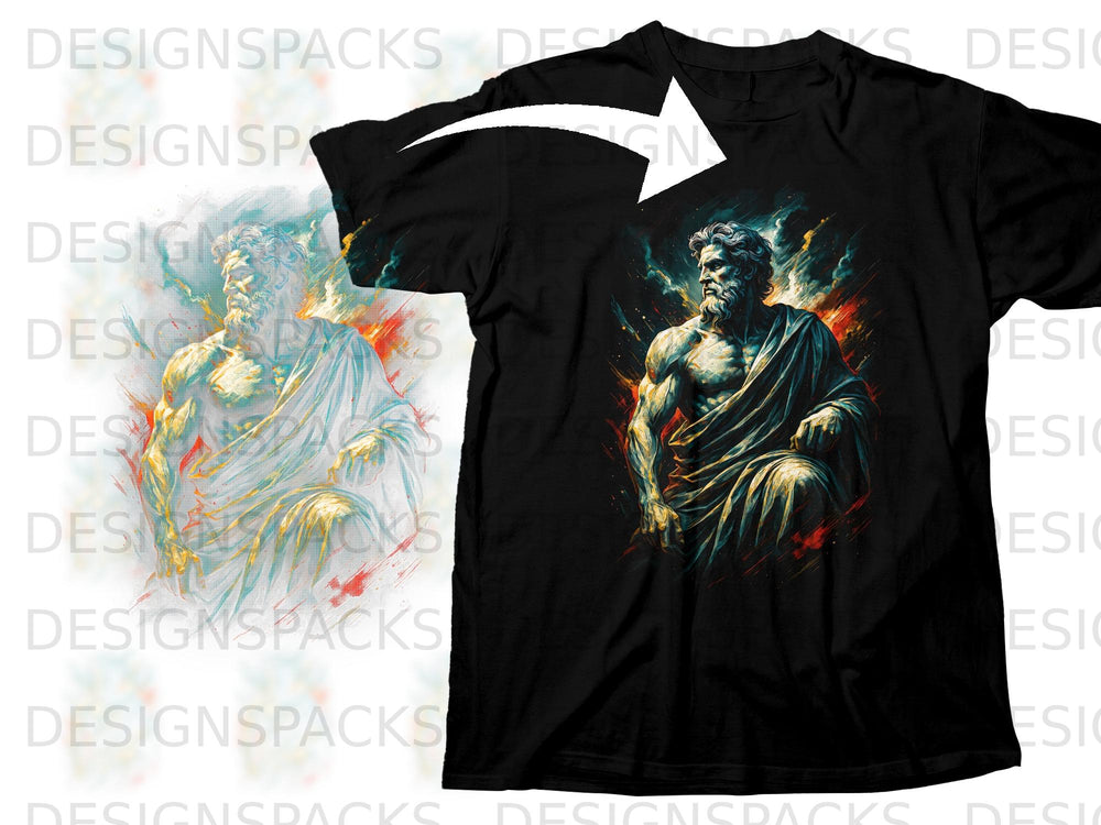 Black t-shirt featuring a muscular, draped figure with a beard against a colorful, abstract background.