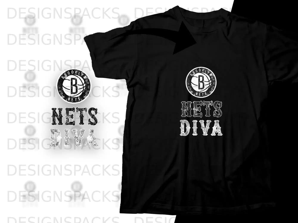Black t-shirt with "Brooklyn Nets Diva" text and team logo.