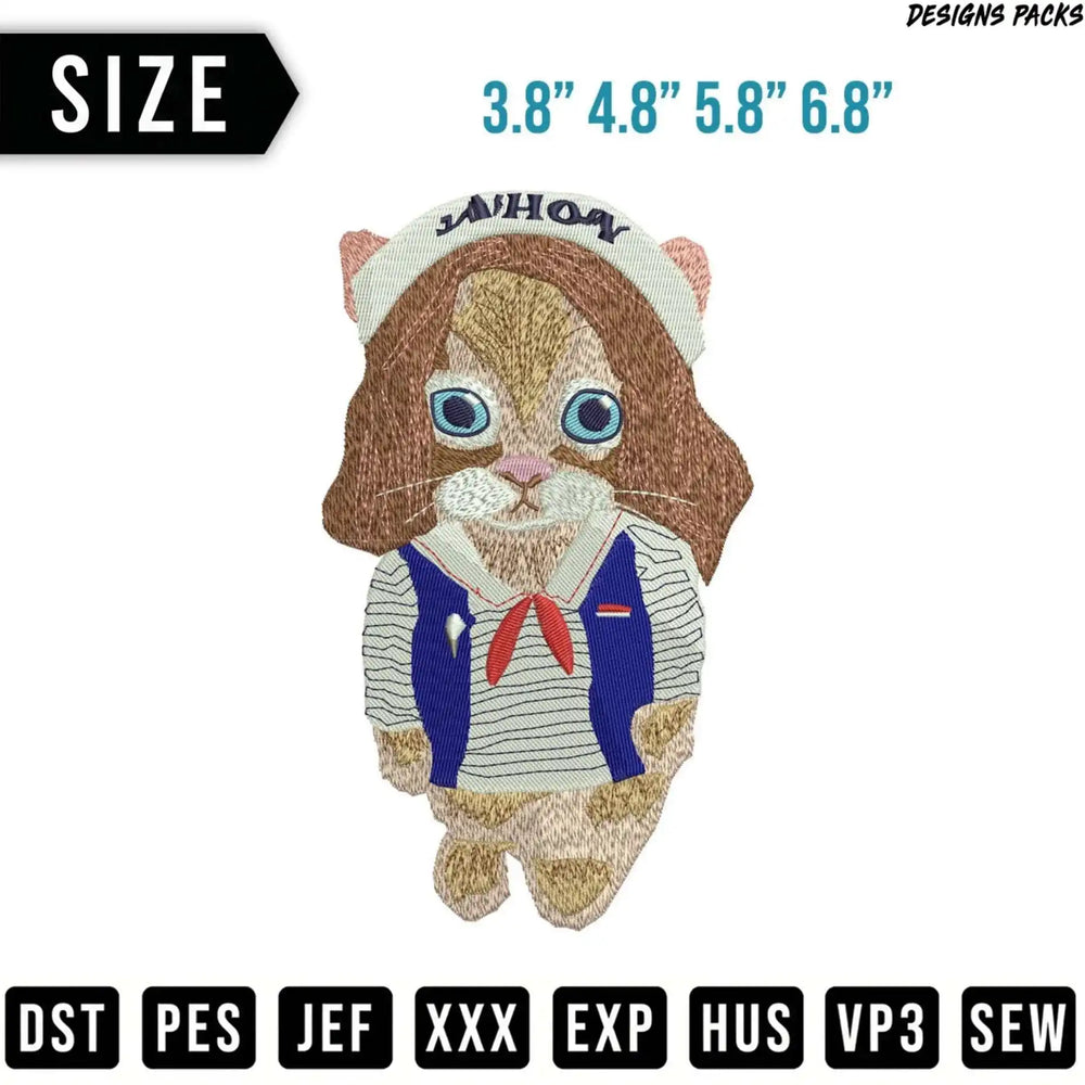 Embroidery design of a cat wearing a sailor outfit with "Ahoy" on its hat.