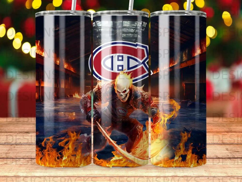Montreal Canadiens logo with fiery skull and scythe on a tumbler.
