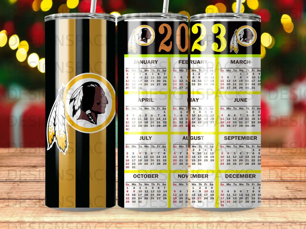 2023 Washington Commanders calendar tumbler with tribal imagery.