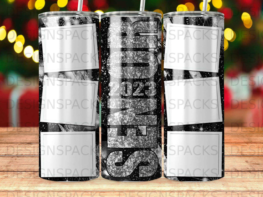 Glittery "2023" tumbler with bokeh background and watermark.