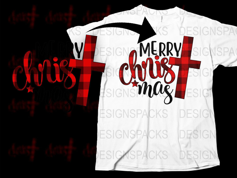 Merry Christmas Red Plaid Cross Graphic T-Shirt, Holiday Festive Tee, Unisex Christmas Shirt Gift Idea