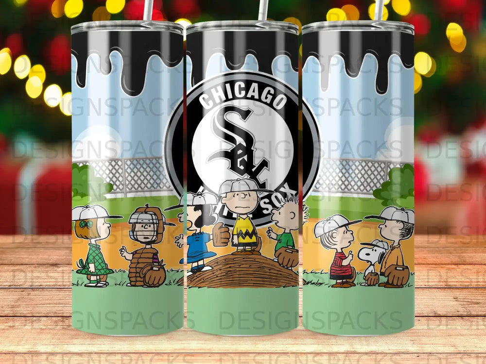 Chicago Cubs characters and logo on a black and white slime-patterned tumbler.