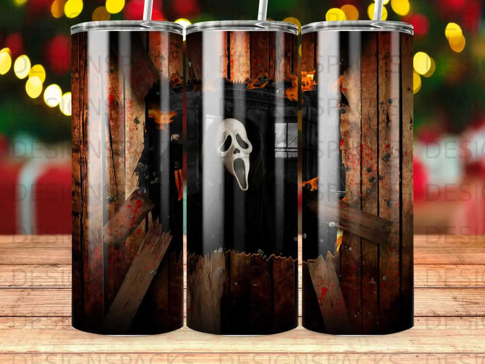 Ghostface from Scream appears through a broken wooden wall, possibly a door.