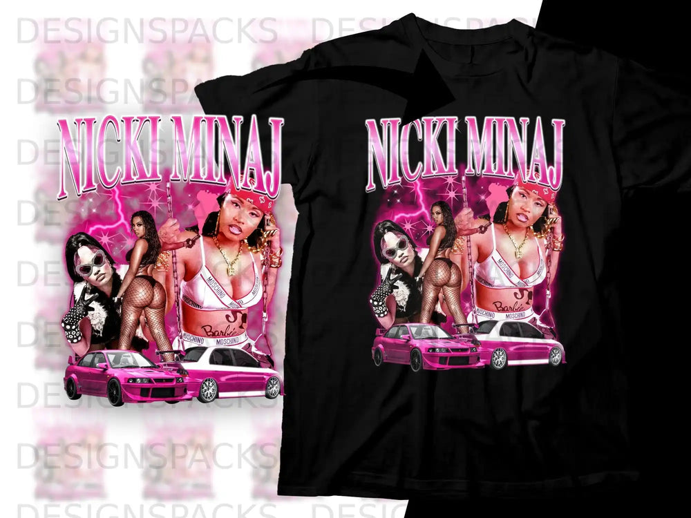 Nicki Minaj in sunglasses and bikini beside pink Moschino car.