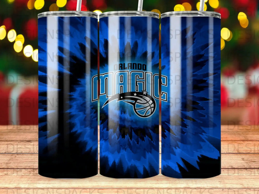 Orlando Magic tie-dye tumbler with team logo.