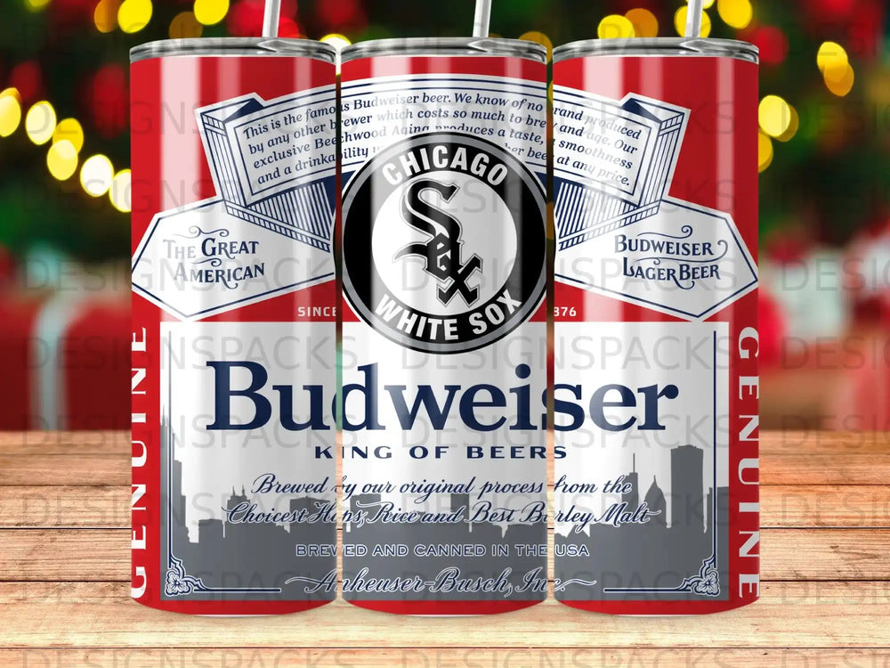 Budweiser logo on red tumbler with Chicago White Sox graphics and text.