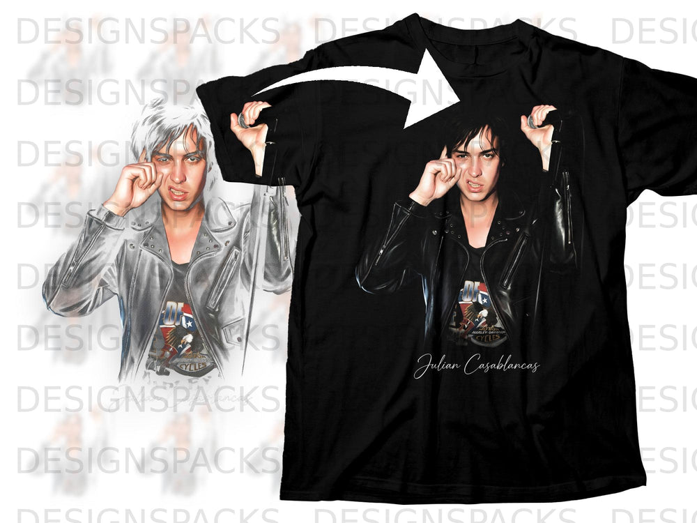Black t-shirt with Julian Casablancas graphic and Harley-Davidson Cycles logo.