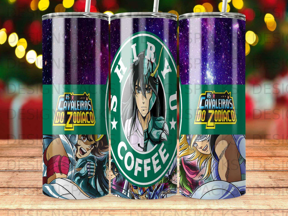 Tumbler with Saint Seiya characters and "Hiryu Coffee" text.