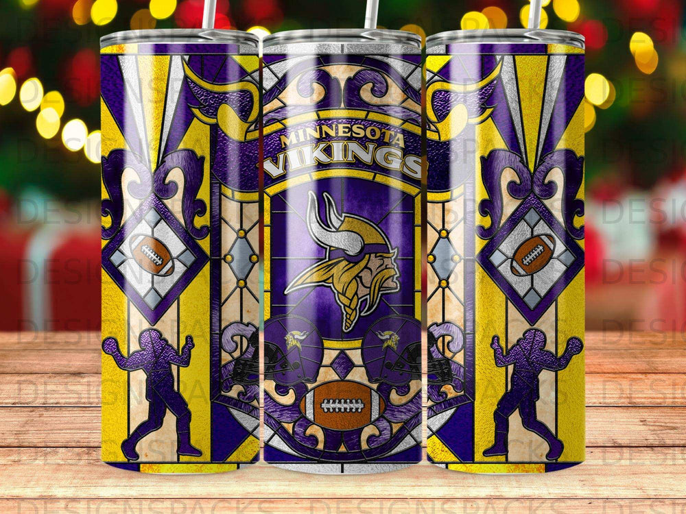 Minnesota Vikings tumbler with team logo and purple and gold stained glass design.