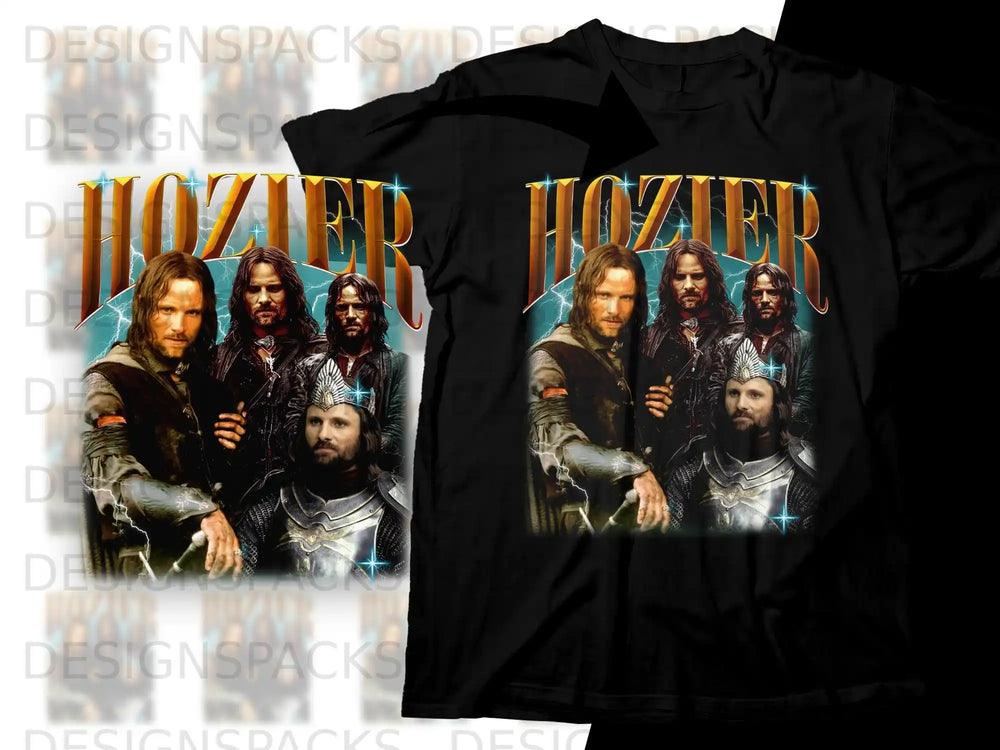 Black t-shirt featuring a graphic of Hozier and Lord of the Rings characters.