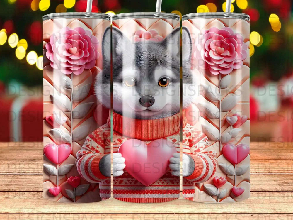 Husky wearing a sweater holding a pink heart, surrounded by pink flowers.