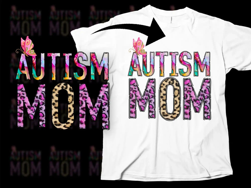 Autism Mom T-Shirt with Colorful Letters and Butterfly Graphic, Supportive Autism Awareness Tee