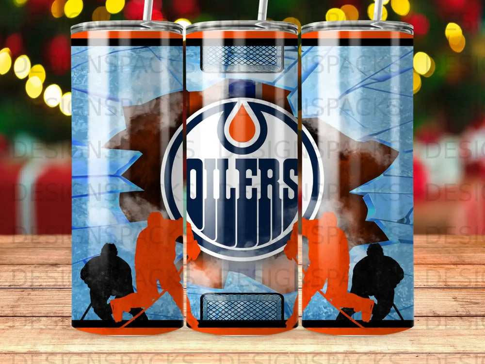 Edmonton Oilers logo with hockey players and net on a blue and orange background.