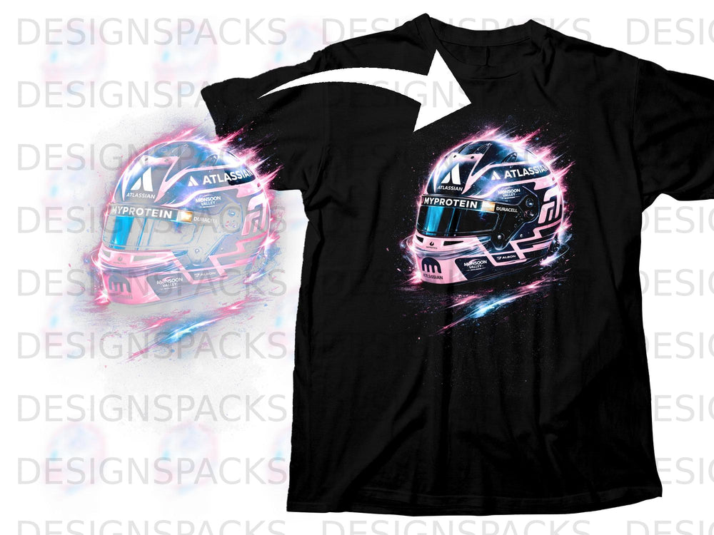 Black t-shirt with a racing helmet graphic featuring "Myprotein" and "Atlassian" logos.