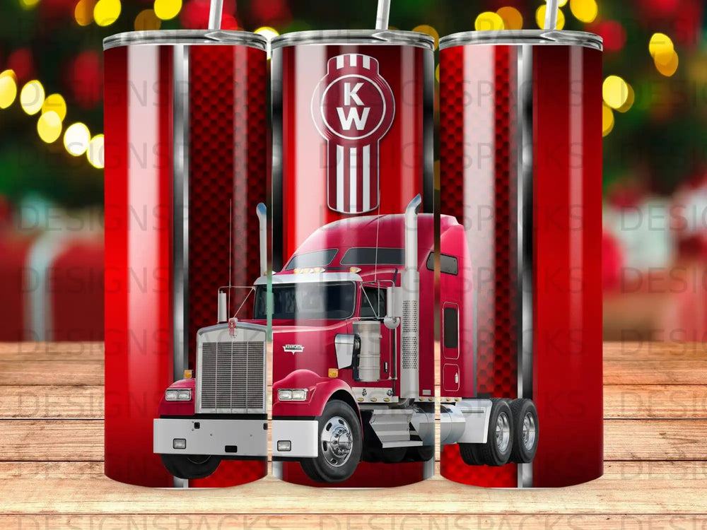 Red Kenworth semi-truck on a dark background with repeating red and white logos.