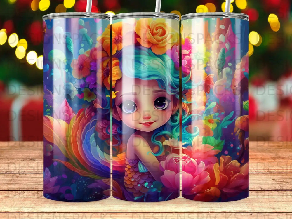 Cartoon mermaid with colorful hair and floral accents, surrounded by vibrant flowers.