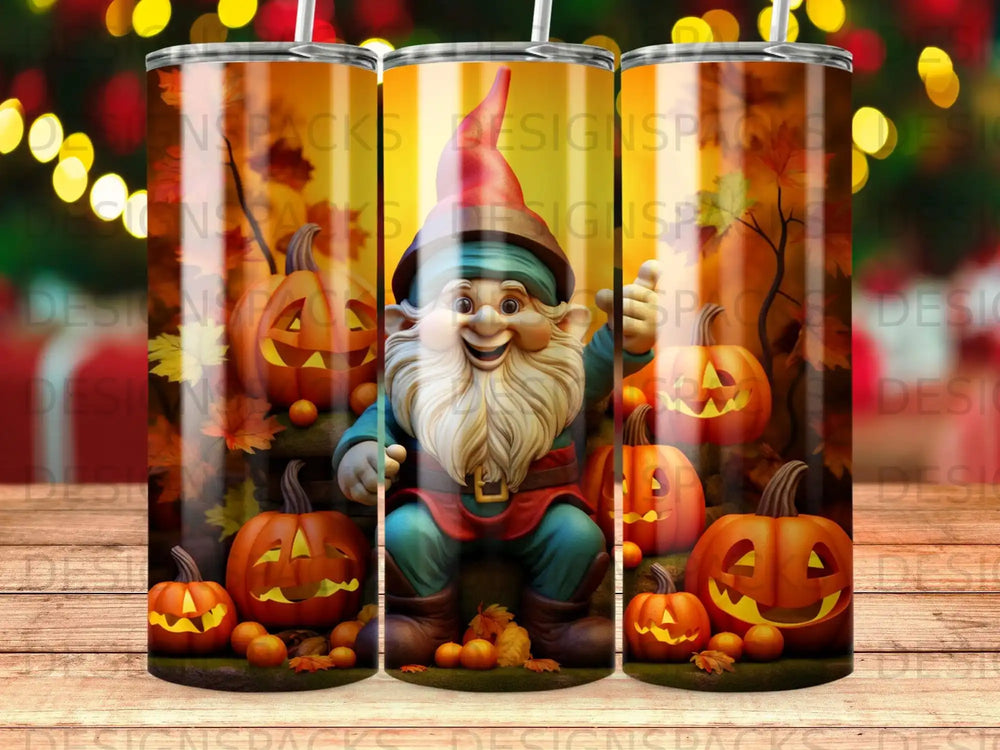 Gnome in festive outfit surrounded by jack-o'-lanterns and autumn leaves.