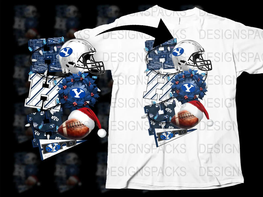 Festive Football Santa Hat T-Shirt, Brigham Young University Inspired Sports Fan Apparel, Holiday Graphic Tee