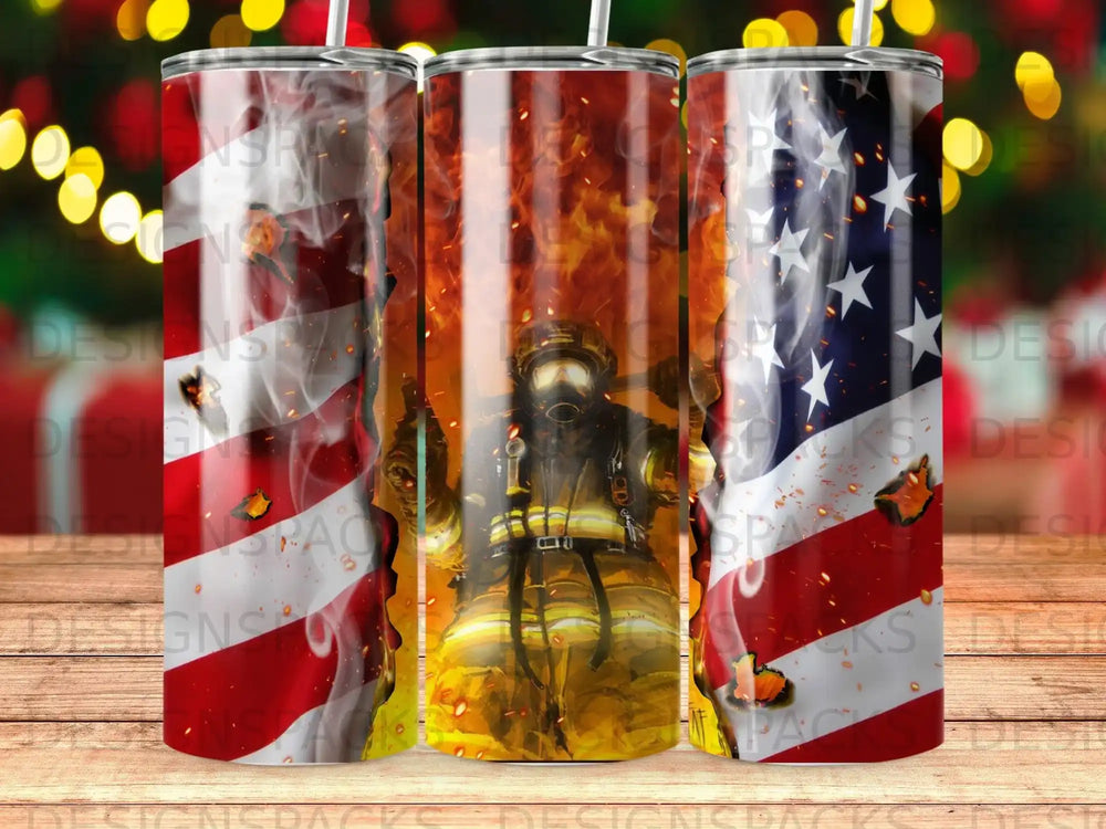 Firefighter in gear superimposed on an American flag with flames.