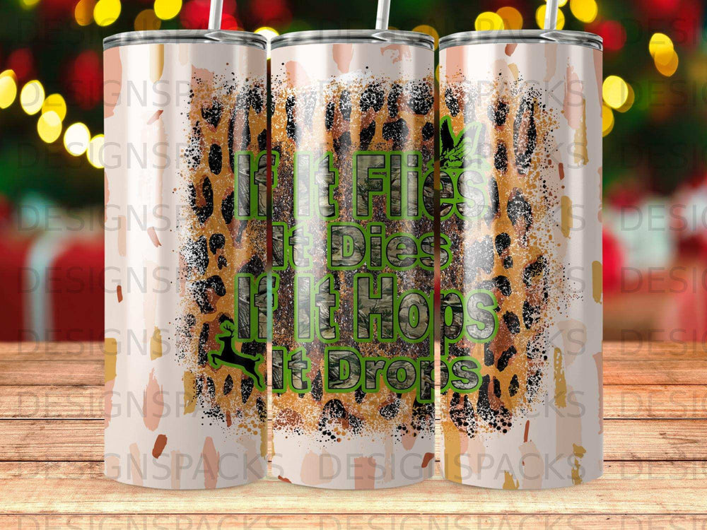 Tumbler with green leopard print and "It's fall y'all" in distressed lettering.