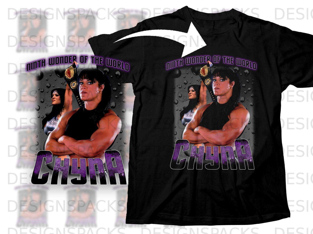 Chyna "Ninth Wonder of the World" wrestling t-shirt with purple and white lettering.