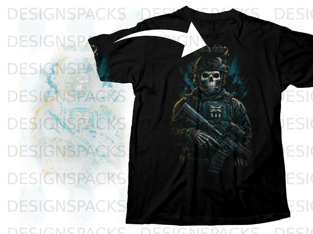 Black t-shirt with a skull wearing tactical gear and holding a rifle.