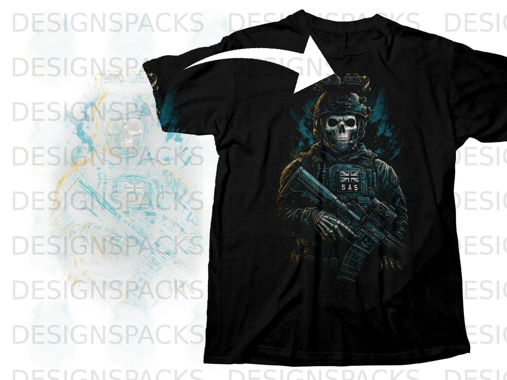 Black t-shirt with a skull wearing tactical gear and holding a rifle.