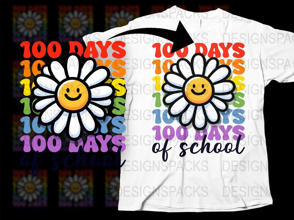 100 Days of School T-Shirt, Colorful Rainbow Text, Happy Flower Graphic, Teacher Kids Celebration Shirt