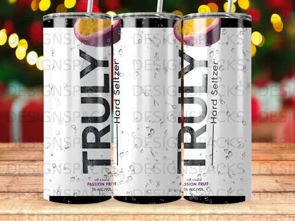 Three Trulys cans with passion fruit design, 5% ALC./VOL.