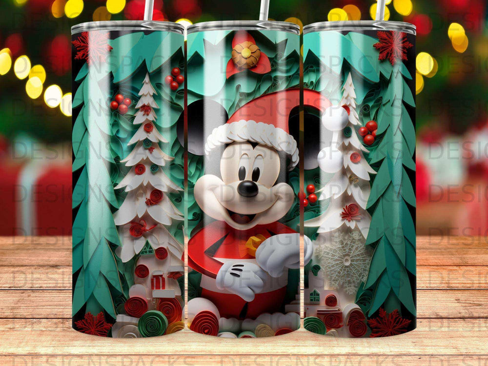 Mickey Mouse in a Santa hat with Christmas trees and festive decorations.