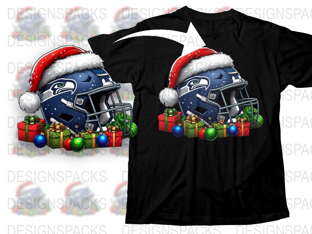 Festive Holiday Football T-Shirt, Seattle Team Helmet Design, Christmas Gifts Graphic Tee, Sports Fan Apparel