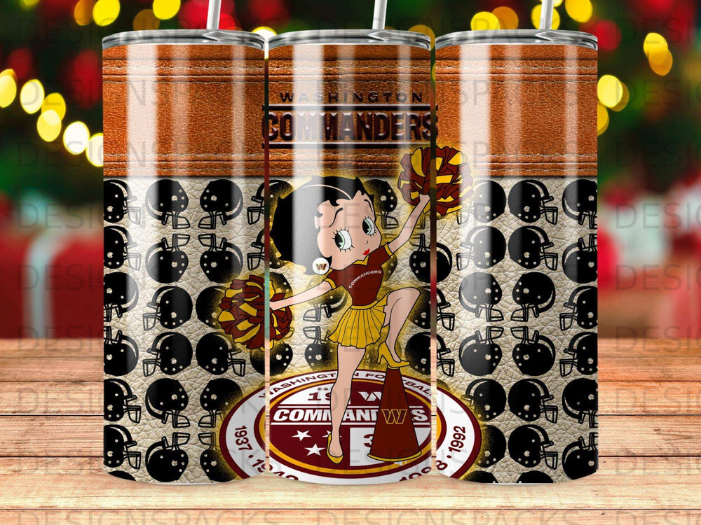 Betty Boop in Washington Commanders gear on a patterned tumbler.
