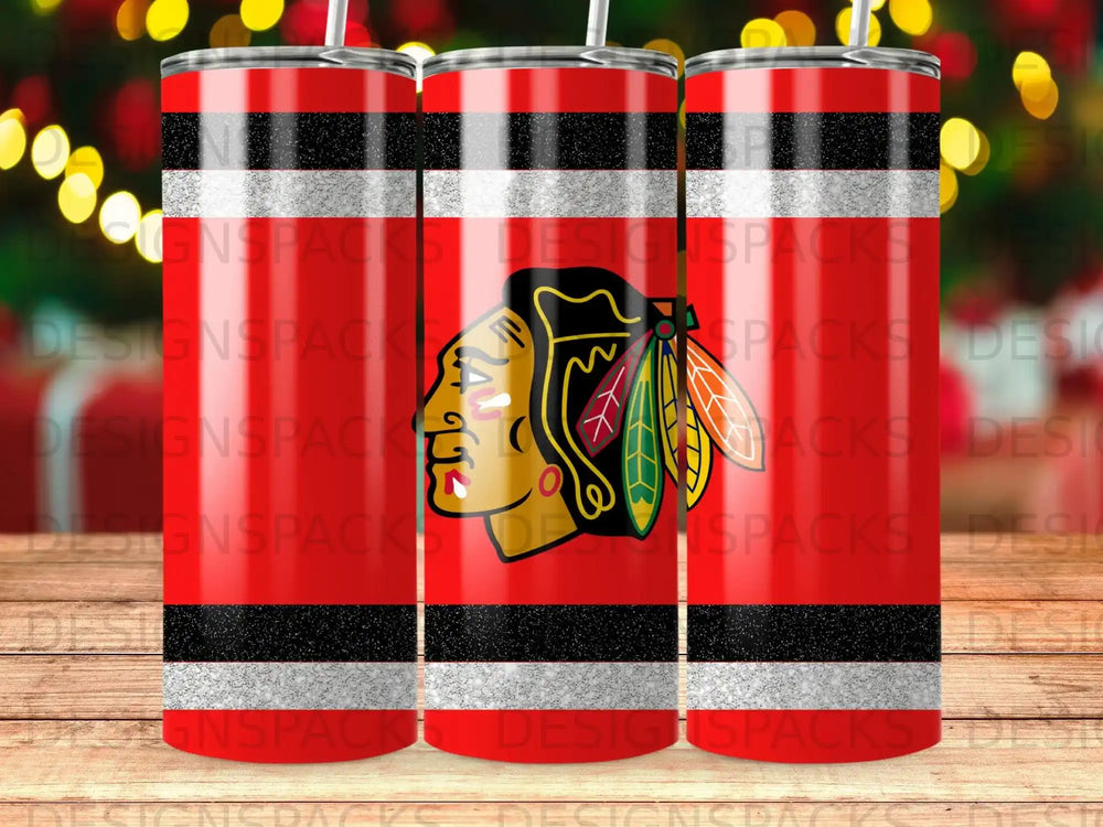 Blackhawks Logo Black Silver Glitter Stripes Red Tumbler product type