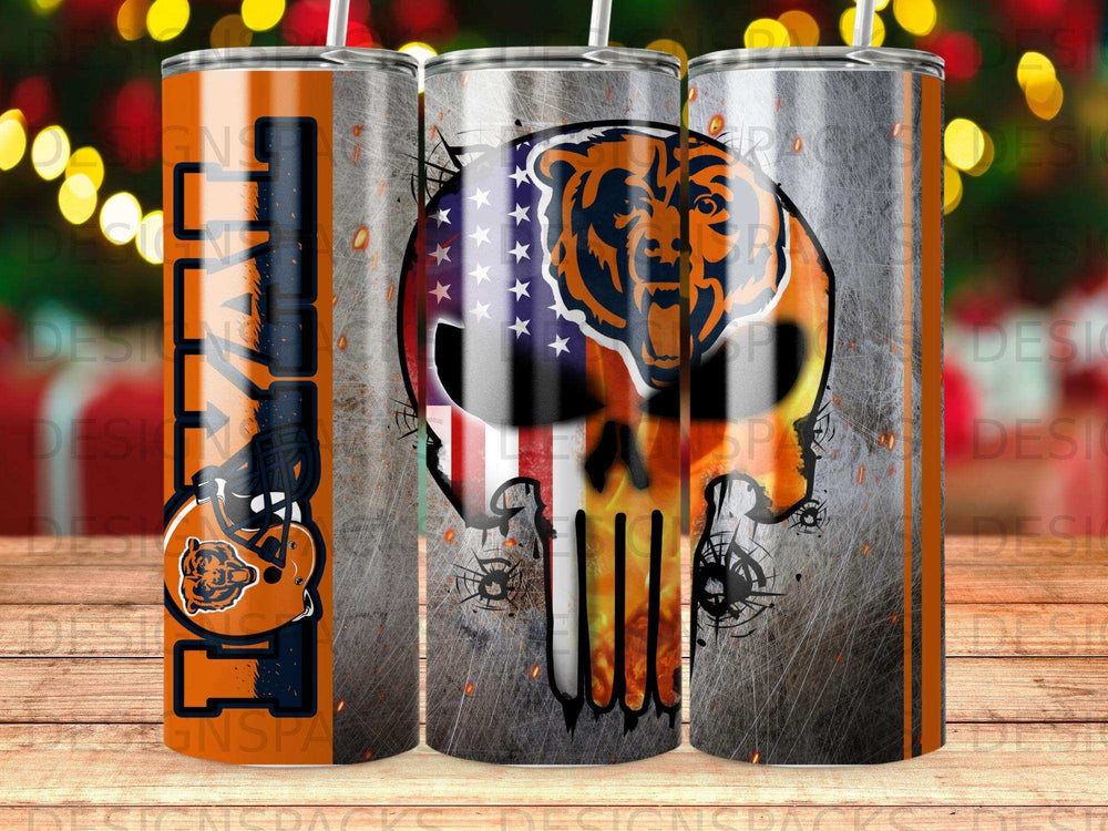 Chicago Bears skull with American flag and distressed metal texture.