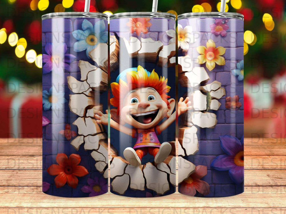 Cartoon character with colorful hair bursts from cracked purple wall with flowers.