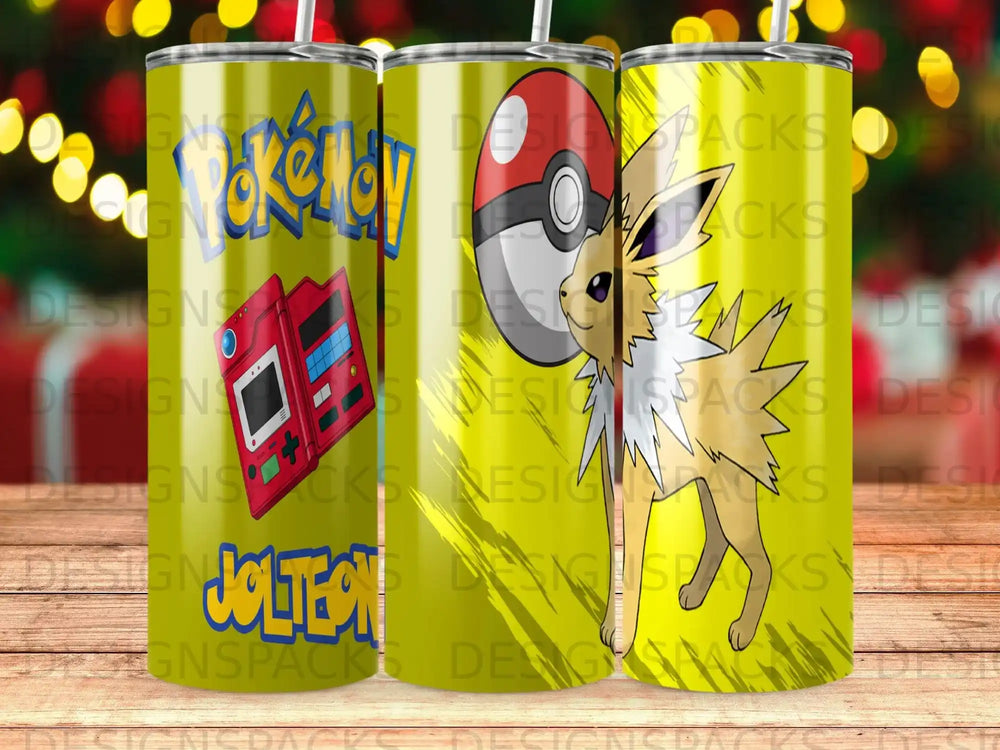 Pokémon tumbler featuring Eevee and Jolteon on a yellow background.