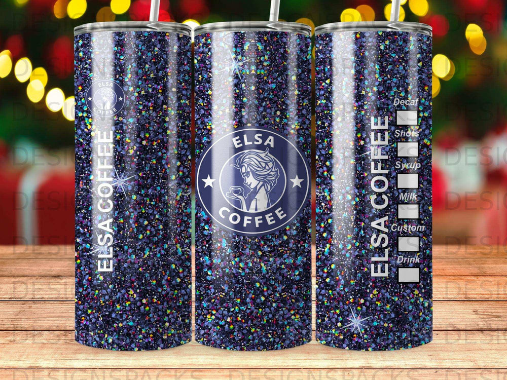 Glitter tumbler with "Elsa Coffee" text and coffee drink customization options.