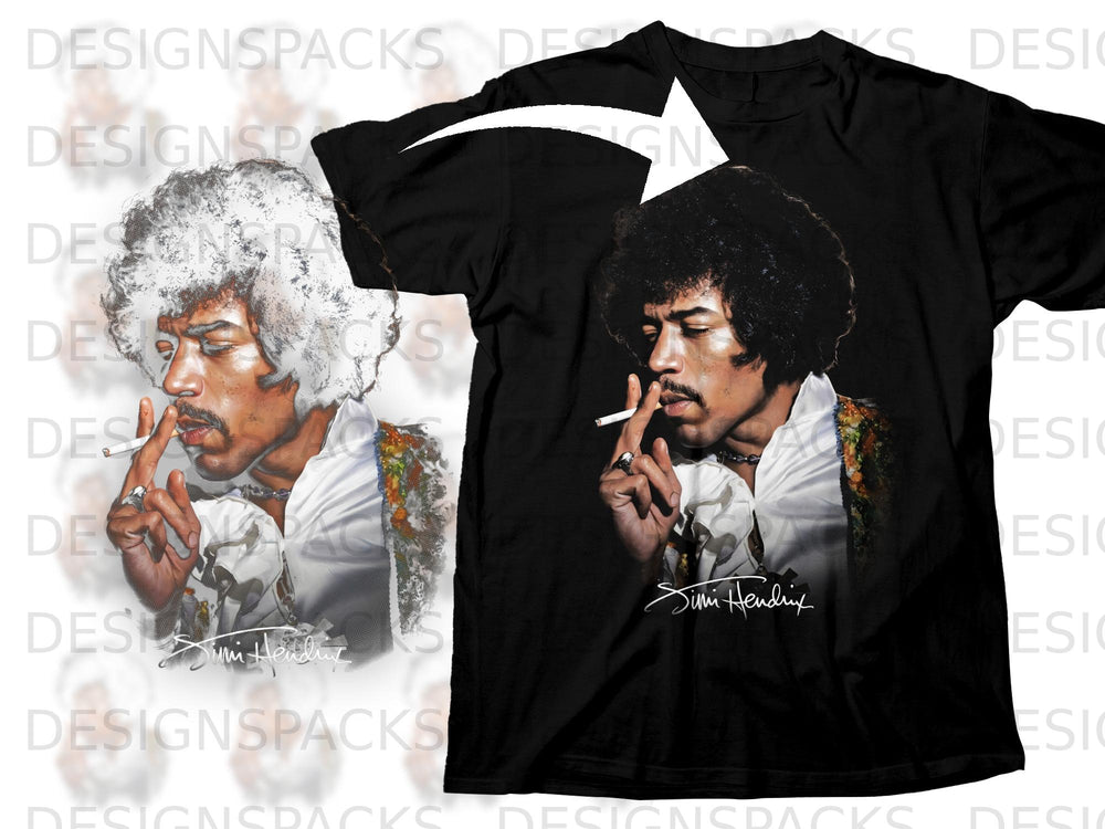 Black t-shirt featuring a portrait of Jimi Hendrix smoking, with his signature.