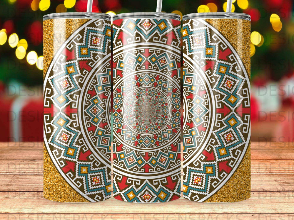 Three tumblers with a geometric mandala pattern and gold glitter accents.