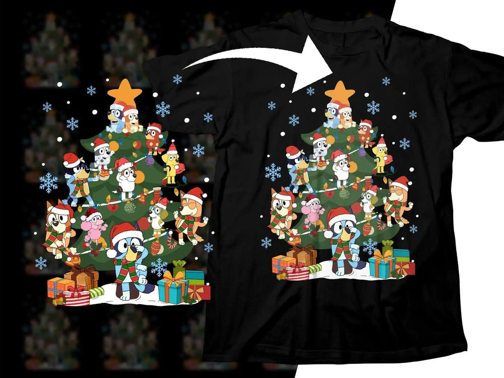 Bluey Christmas tree t-shirt design with festive characters, snowflakes, and gifts on black fabric.