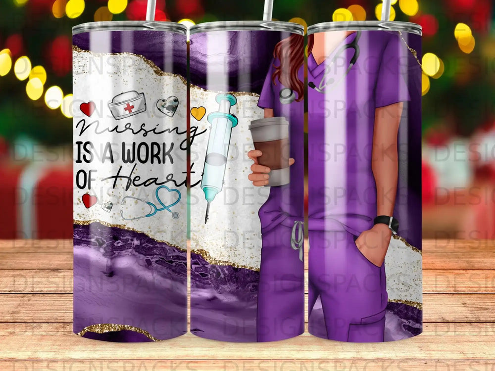 Purple marbled tumbler with stethoscope, syringe, and nursing text.