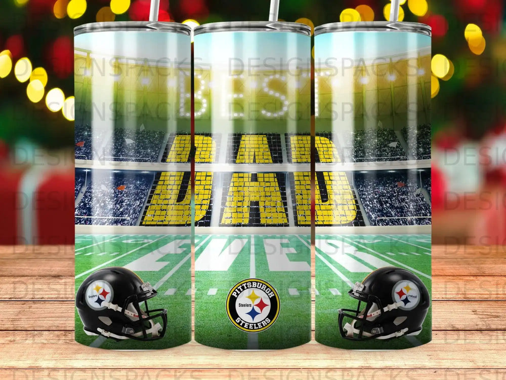 Pittsburgh Steelers helmets and stadium lights with "DAD" in stadium lights.