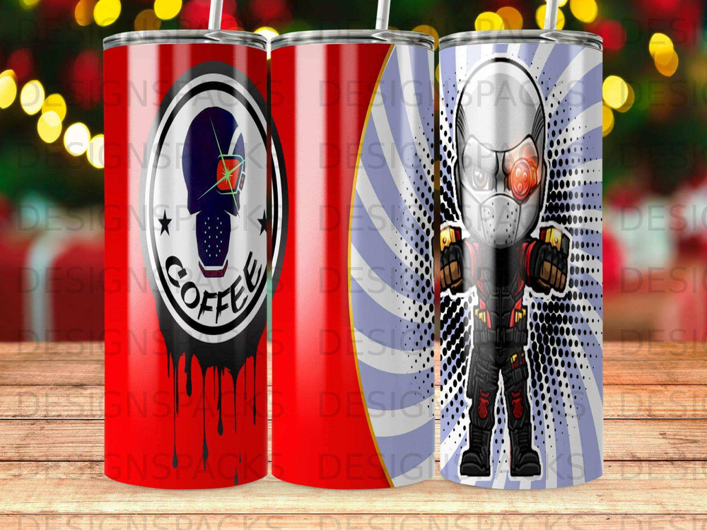 Two tumblers, one with coffee cup logo and red background, other with superhero.