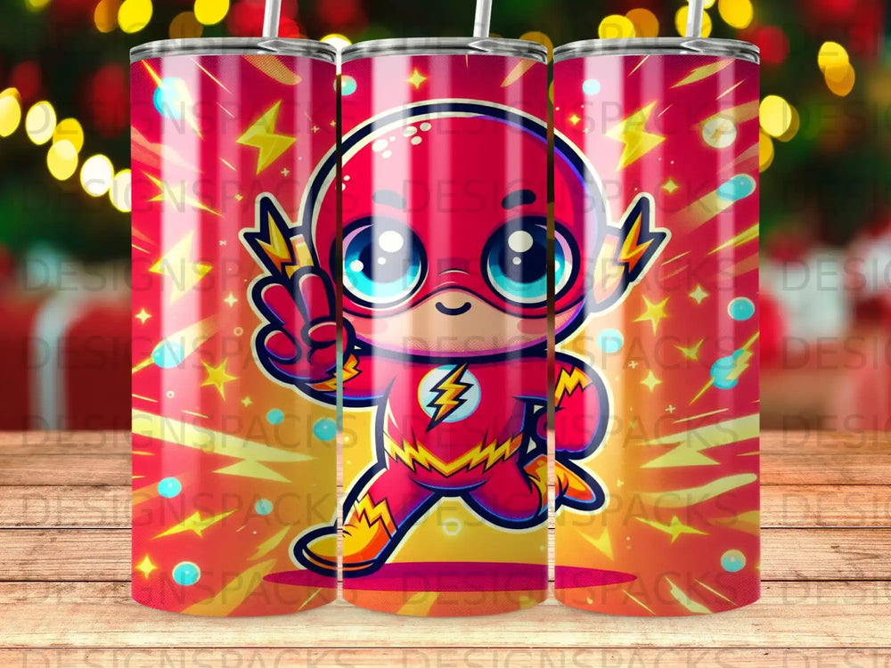 The Flash character with lightning bolt, giving peace sign on a red and yellow background.