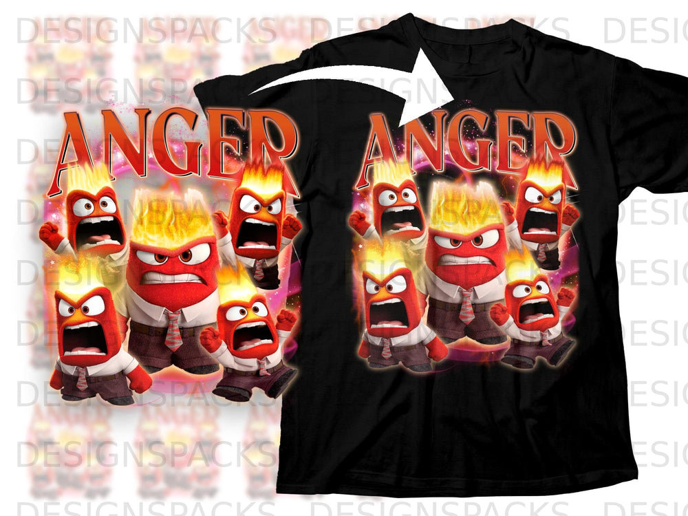 Black t-shirt with "ANGER" text and cartoon characters with fire for hair.